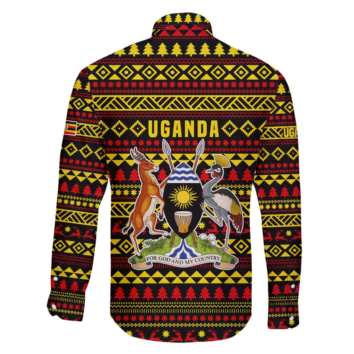 Uganda Christmas Family Matching Off The Shoulder Long Sleeve Dress and Hawaiian Shirt with Flamingo Lights Uganda Flag and Black Red Yellow Tribal Pattern Design - Wonder Print Shop