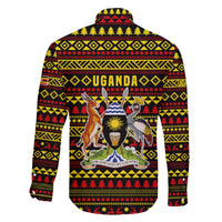 Uganda Christmas Family Matching Off The Shoulder Long Sleeve Dress and Hawaiian Shirt with Flamingo Lights Uganda Flag and Black Red Yellow Tribal Pattern Design - Wonder Print Shop