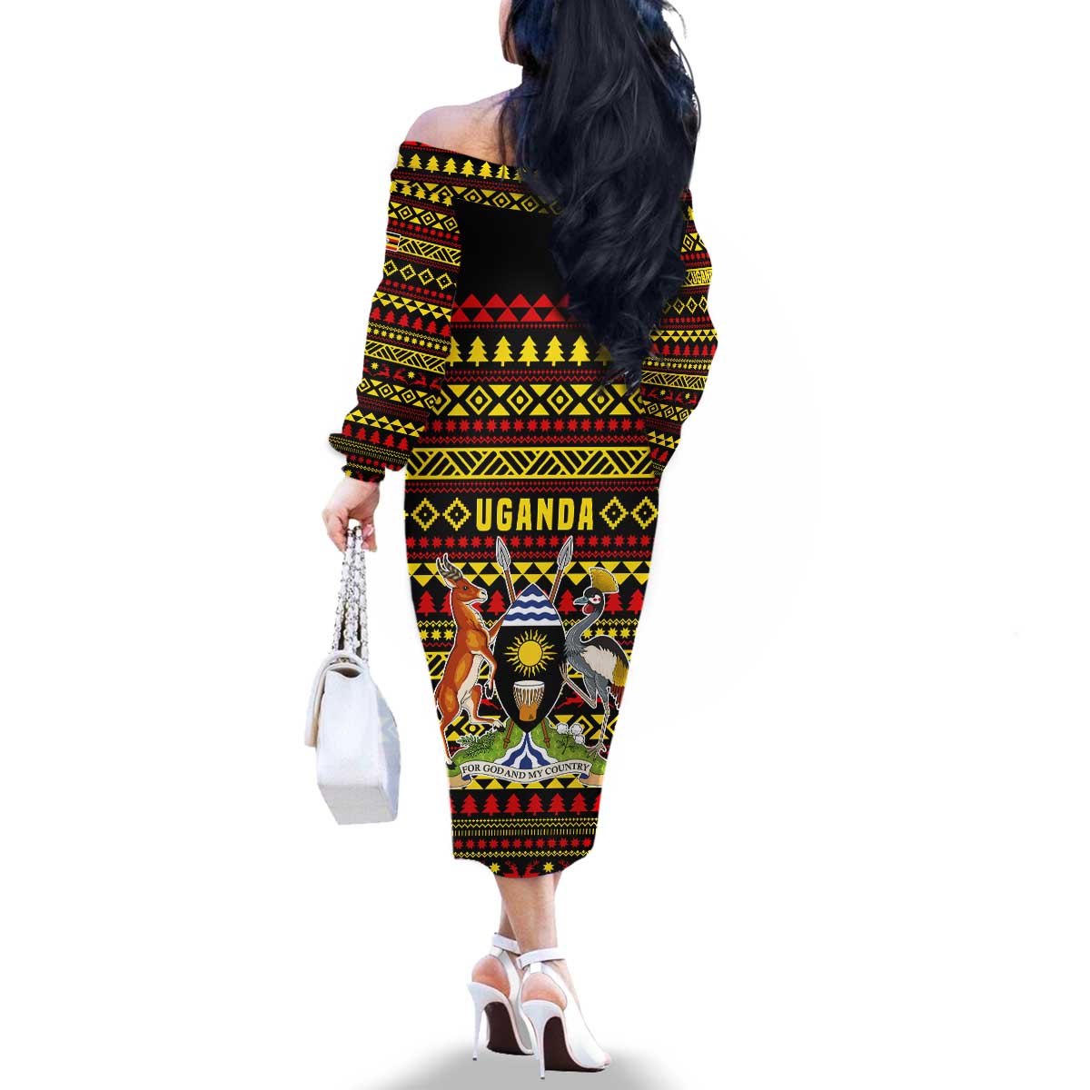 Uganda Christmas Family Matching Off The Shoulder Long Sleeve Dress and Hawaiian Shirt with Flamingo Lights Uganda Flag and Black Red Yellow Tribal Pattern Design - Wonder Print Shop