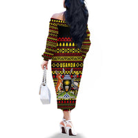 Uganda Christmas Family Matching Off The Shoulder Long Sleeve Dress and Hawaiian Shirt with Flamingo Lights Uganda Flag and Black Red Yellow Tribal Pattern Design - Wonder Print Shop