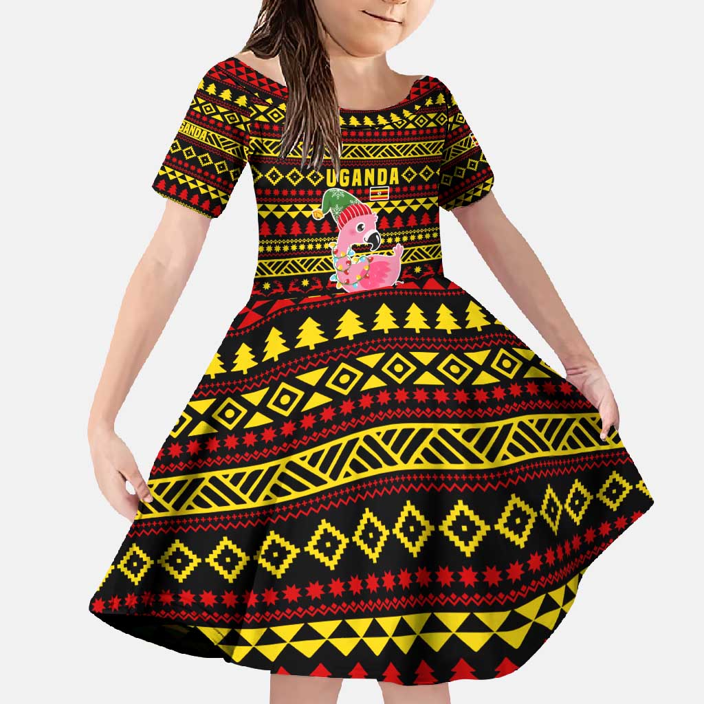 Uganda Christmas Family Matching Off Shoulder Maxi Dress and Hawaiian Shirt with Flamingo Lights Uganda Flag and Black Red Yellow Tribal Pattern Design - Wonder Print Shop