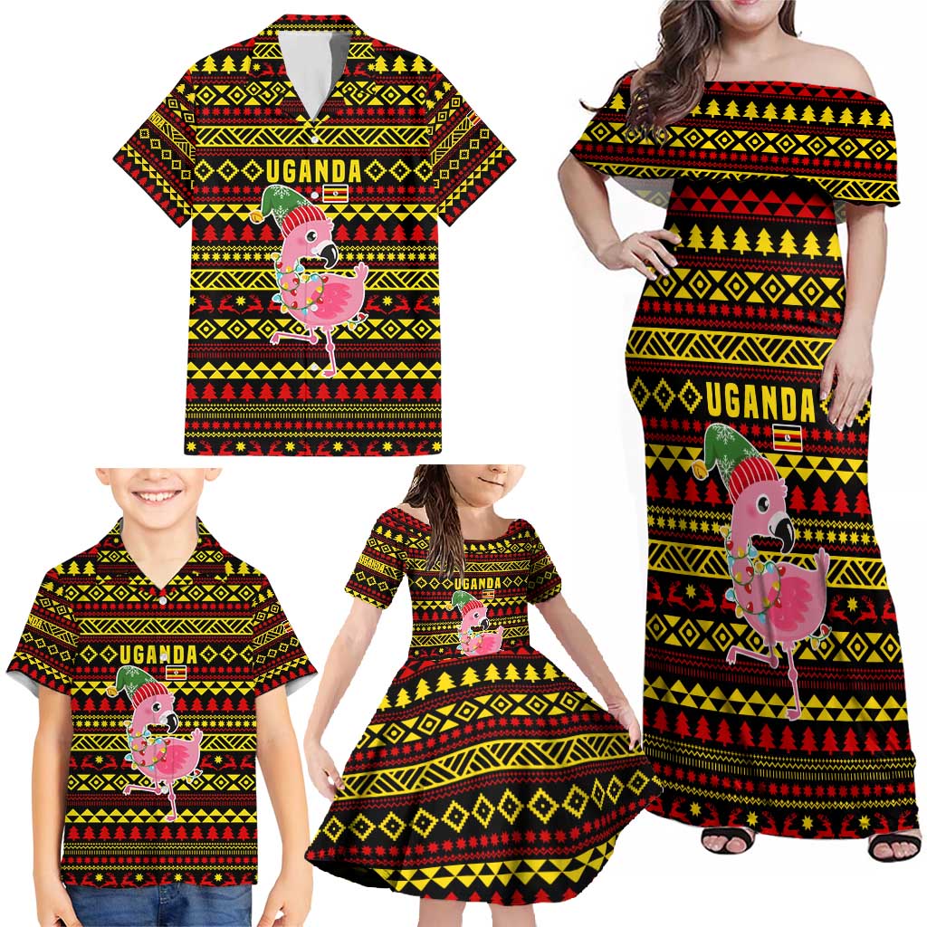 Uganda Christmas Family Matching Off Shoulder Maxi Dress and Hawaiian Shirt with Flamingo Lights Uganda Flag and Black Red Yellow Tribal Pattern Design - Wonder Print Shop