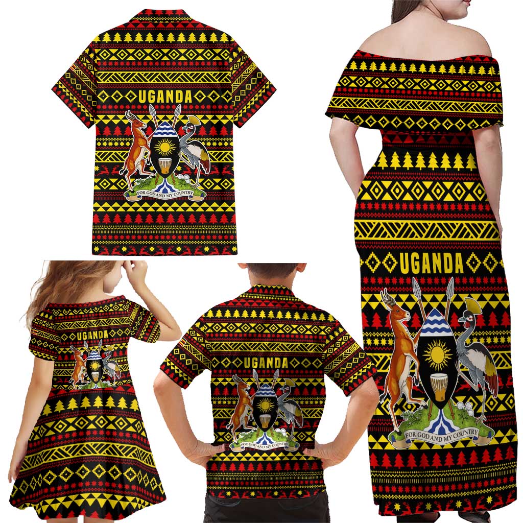 Uganda Christmas Family Matching Off Shoulder Maxi Dress and Hawaiian Shirt with Flamingo Lights Uganda Flag and Black Red Yellow Tribal Pattern Design - Wonder Print Shop