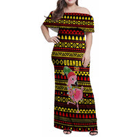 Uganda Christmas Family Matching Off Shoulder Maxi Dress and Hawaiian Shirt with Flamingo Lights Uganda Flag and Black Red Yellow Tribal Pattern Design - Wonder Print Shop