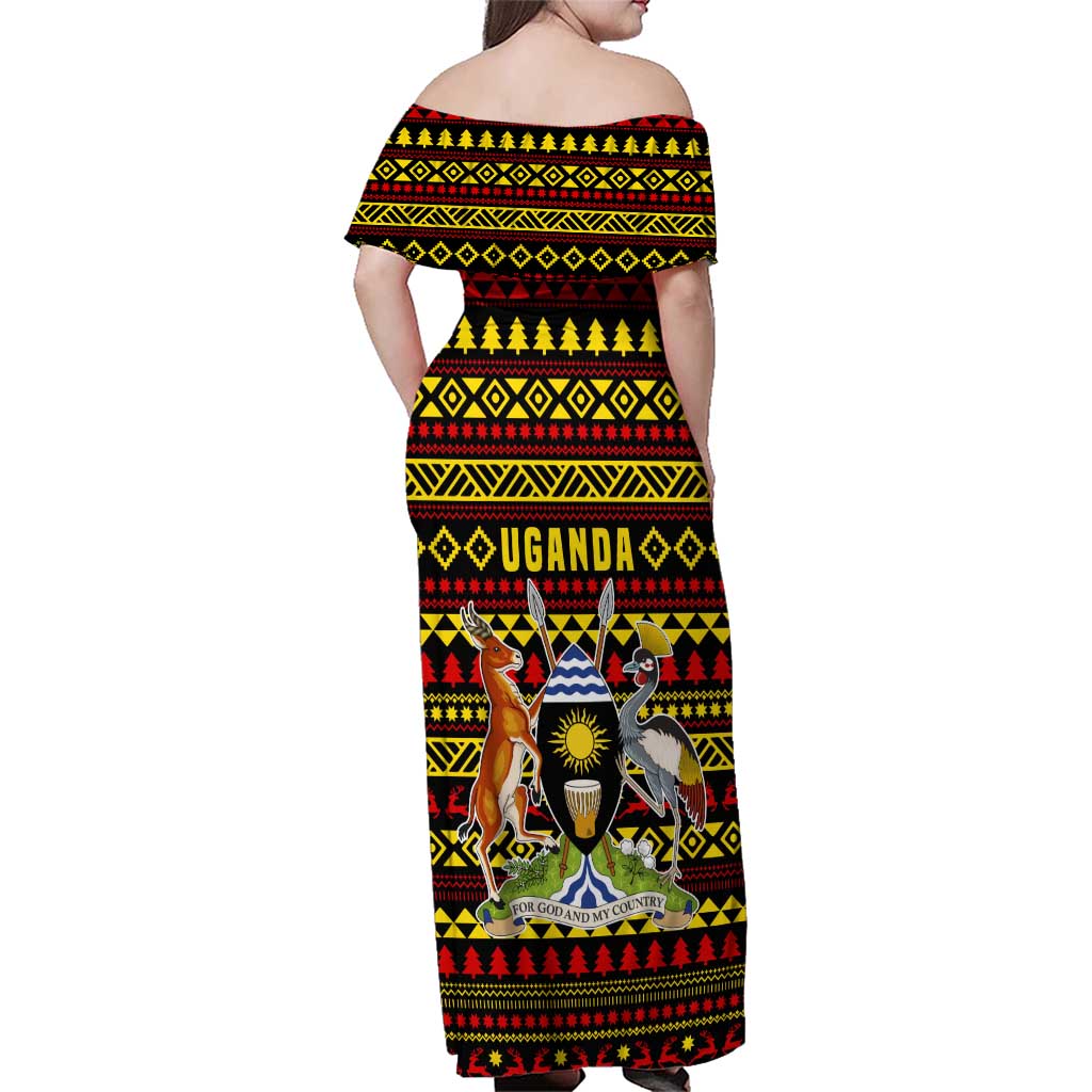 Uganda Christmas Family Matching Off Shoulder Maxi Dress and Hawaiian Shirt with Flamingo Lights Uganda Flag and Black Red Yellow Tribal Pattern Design - Wonder Print Shop