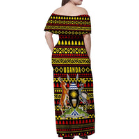 Uganda Christmas Family Matching Off Shoulder Maxi Dress and Hawaiian Shirt with Flamingo Lights Uganda Flag and Black Red Yellow Tribal Pattern Design - Wonder Print Shop