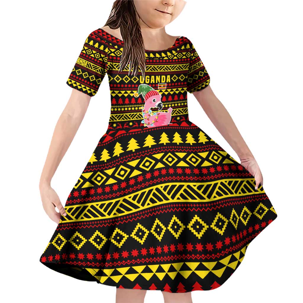 Uganda Christmas Family Matching Off Shoulder Short Dress and Hawaiian Shirt with Flamingo Lights Uganda Flag and Black Red Yellow Tribal Pattern Design - Wonder Print Shop