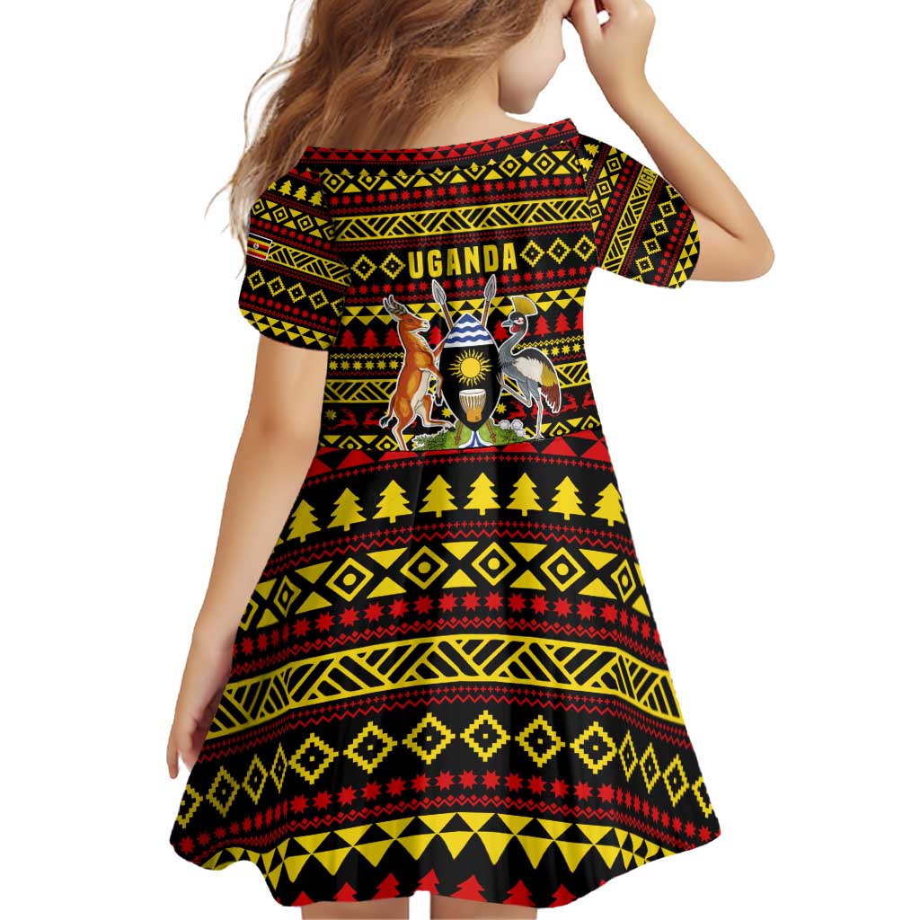 Uganda Christmas Family Matching Off Shoulder Short Dress and Hawaiian Shirt with Flamingo Lights Uganda Flag and Black Red Yellow Tribal Pattern Design - Wonder Print Shop