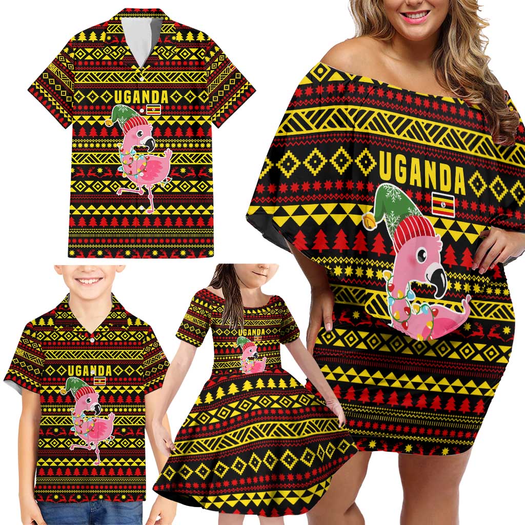 Uganda Christmas Family Matching Off Shoulder Short Dress and Hawaiian Shirt with Flamingo Lights Uganda Flag and Black Red Yellow Tribal Pattern Design - Wonder Print Shop