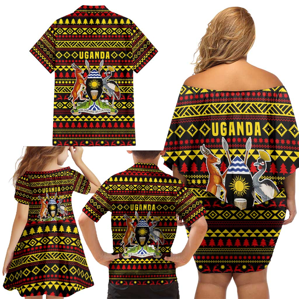 Uganda Christmas Family Matching Off Shoulder Short Dress and Hawaiian Shirt with Flamingo Lights Uganda Flag and Black Red Yellow Tribal Pattern Design - Wonder Print Shop