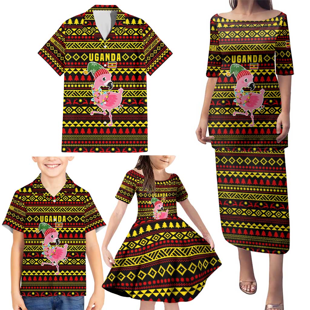 Uganda Christmas Family Matching Puletasi and Hawaiian Shirt with Flamingo Lights Uganda Flag and Black Red Yellow Tribal Pattern Design - Wonder Print Shop