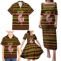 Uganda Christmas Family Matching Puletasi and Hawaiian Shirt with Flamingo Lights Uganda Flag and Black Red Yellow Tribal Pattern Design - Wonder Print Shop