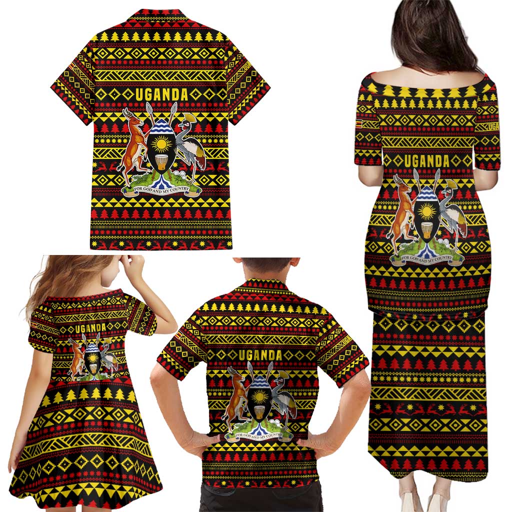 Uganda Christmas Family Matching Puletasi and Hawaiian Shirt with Flamingo Lights Uganda Flag and Black Red Yellow Tribal Pattern Design - Wonder Print Shop
