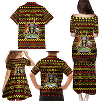 Uganda Christmas Family Matching Puletasi and Hawaiian Shirt with Flamingo Lights Uganda Flag and Black Red Yellow Tribal Pattern Design - Wonder Print Shop