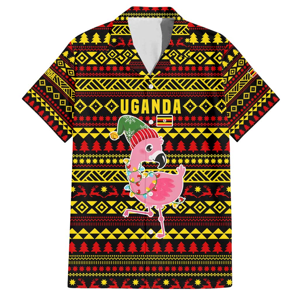 Uganda Christmas Family Matching Puletasi and Hawaiian Shirt with Flamingo Lights Uganda Flag and Black Red Yellow Tribal Pattern Design - Wonder Print Shop