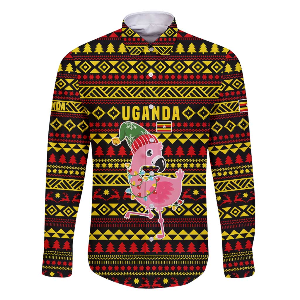 Uganda Christmas Family Matching Puletasi and Hawaiian Shirt with Flamingo Lights Uganda Flag and Black Red Yellow Tribal Pattern Design - Wonder Print Shop