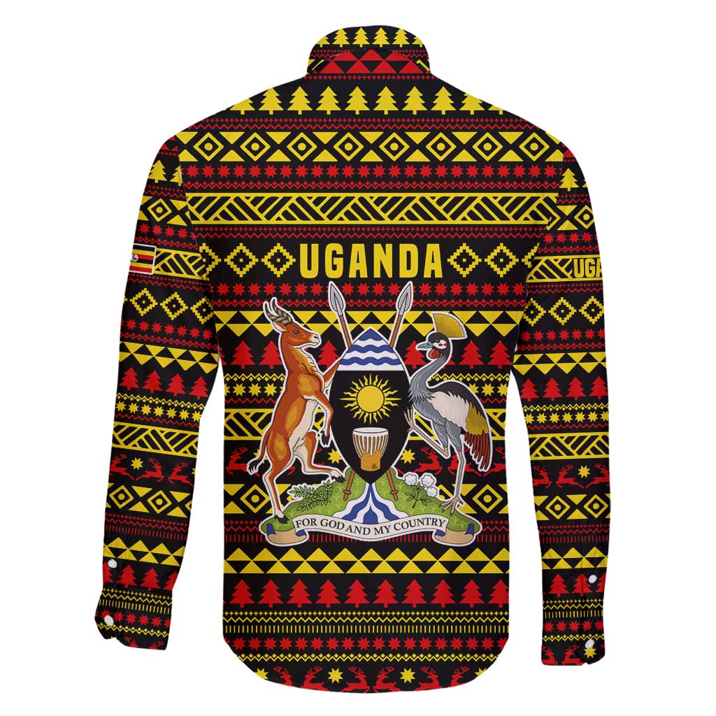 Uganda Christmas Family Matching Puletasi and Hawaiian Shirt with Flamingo Lights Uganda Flag and Black Red Yellow Tribal Pattern Design - Wonder Print Shop