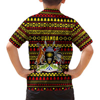 Uganda Christmas Family Matching Short Sleeve Bodycon Dress and Hawaiian Shirt with Flamingo Lights Uganda Flag and Black Red Yellow Tribal Pattern Design - Wonder Print Shop