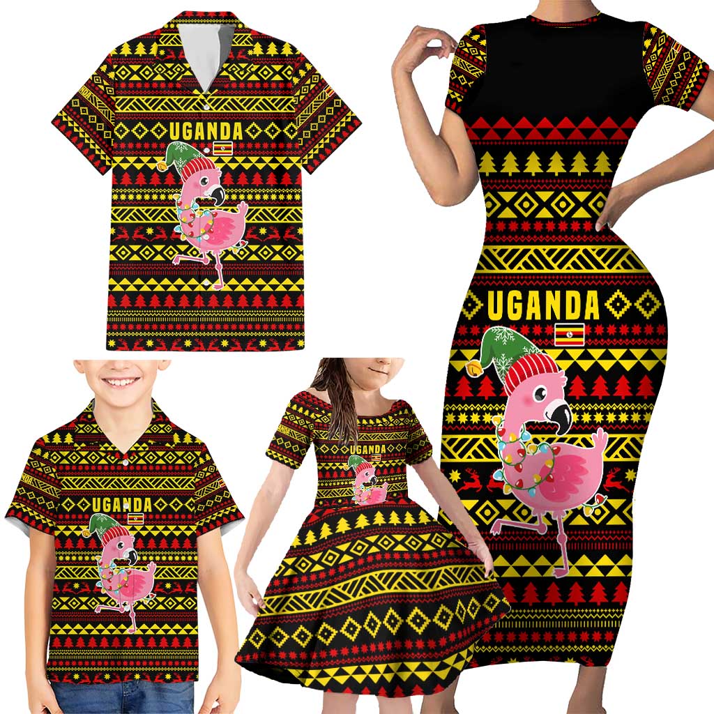 Uganda Christmas Family Matching Short Sleeve Bodycon Dress and Hawaiian Shirt with Flamingo Lights Uganda Flag and Black Red Yellow Tribal Pattern Design - Wonder Print Shop