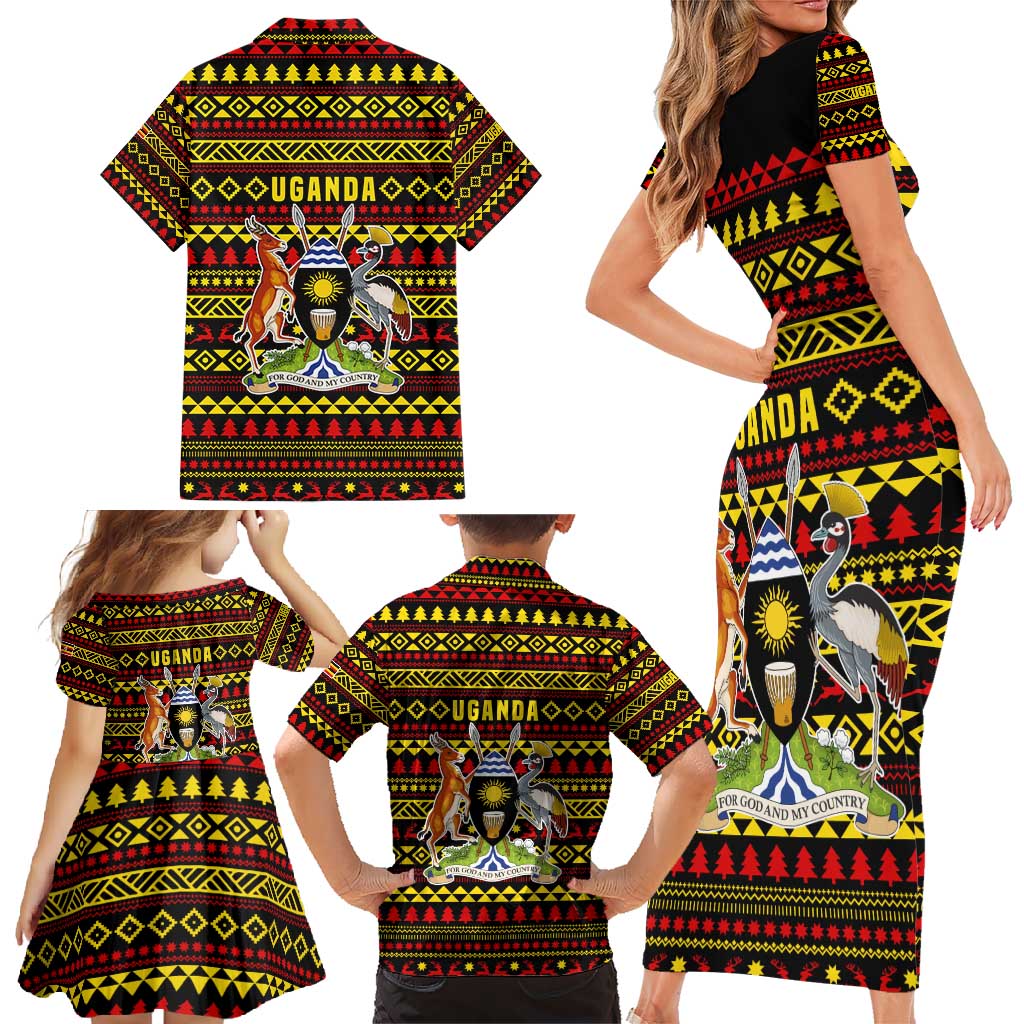 Uganda Christmas Family Matching Short Sleeve Bodycon Dress and Hawaiian Shirt with Flamingo Lights Uganda Flag and Black Red Yellow Tribal Pattern Design - Wonder Print Shop