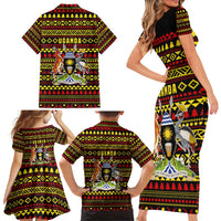 Uganda Christmas Family Matching Short Sleeve Bodycon Dress and Hawaiian Shirt with Flamingo Lights Uganda Flag and Black Red Yellow Tribal Pattern Design - Wonder Print Shop