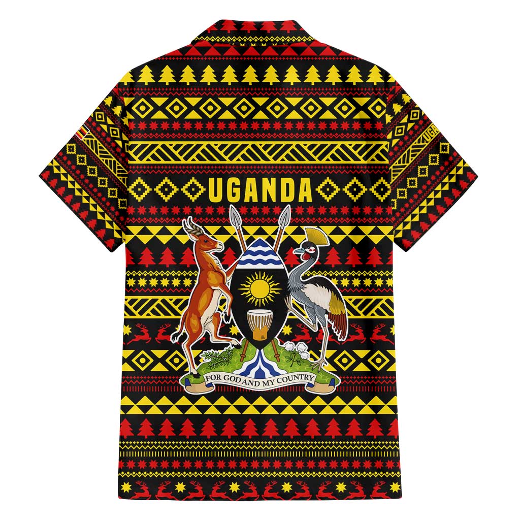 Uganda Christmas Family Matching Short Sleeve Bodycon Dress and Hawaiian Shirt with Flamingo Lights Uganda Flag and Black Red Yellow Tribal Pattern Design - Wonder Print Shop