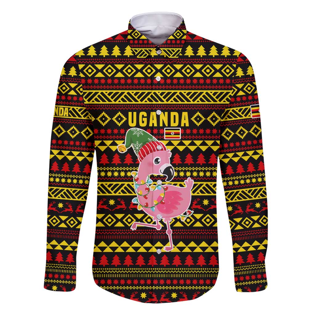 Uganda Christmas Family Matching Short Sleeve Bodycon Dress and Hawaiian Shirt with Flamingo Lights Uganda Flag and Black Red Yellow Tribal Pattern Design - Wonder Print Shop