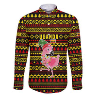 Uganda Christmas Family Matching Short Sleeve Bodycon Dress and Hawaiian Shirt with Flamingo Lights Uganda Flag and Black Red Yellow Tribal Pattern Design - Wonder Print Shop