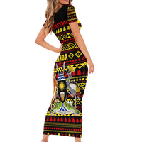Uganda Christmas Family Matching Short Sleeve Bodycon Dress and Hawaiian Shirt with Flamingo Lights Uganda Flag and Black Red Yellow Tribal Pattern Design - Wonder Print Shop