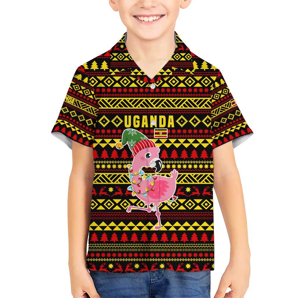 Uganda Christmas Family Matching Short Sleeve Bodycon Dress and Hawaiian Shirt with Flamingo Lights Uganda Flag and Black Red Yellow Tribal Pattern Design - Wonder Print Shop
