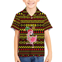 Uganda Christmas Family Matching Short Sleeve Bodycon Dress and Hawaiian Shirt with Flamingo Lights Uganda Flag and Black Red Yellow Tribal Pattern Design - Wonder Print Shop