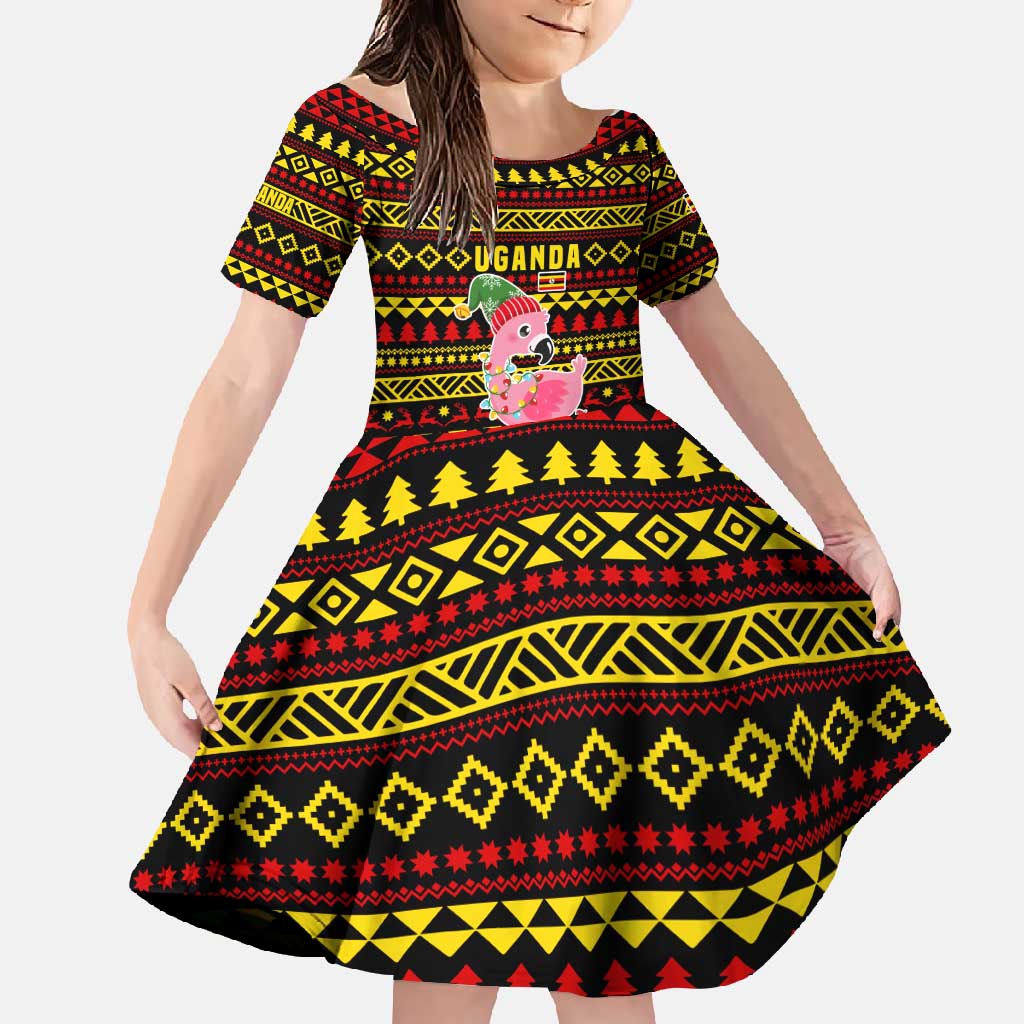 Uganda Christmas Family Matching Summer Maxi Dress and Hawaiian Shirt with Flamingo Lights Uganda Flag and Black Red Yellow Tribal Pattern Design - Wonder Print Shop