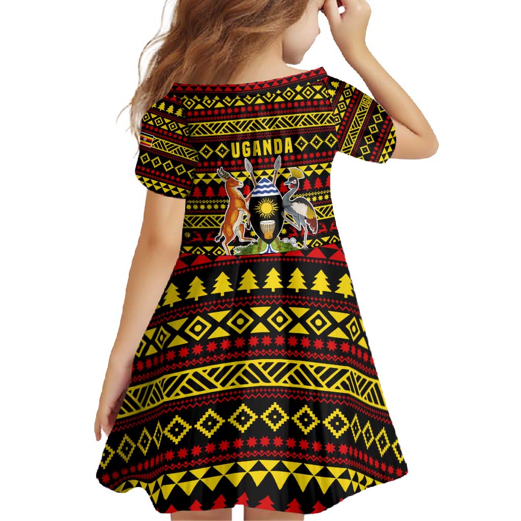 Uganda Christmas Family Matching Summer Maxi Dress and Hawaiian Shirt with Flamingo Lights Uganda Flag and Black Red Yellow Tribal Pattern Design - Wonder Print Shop