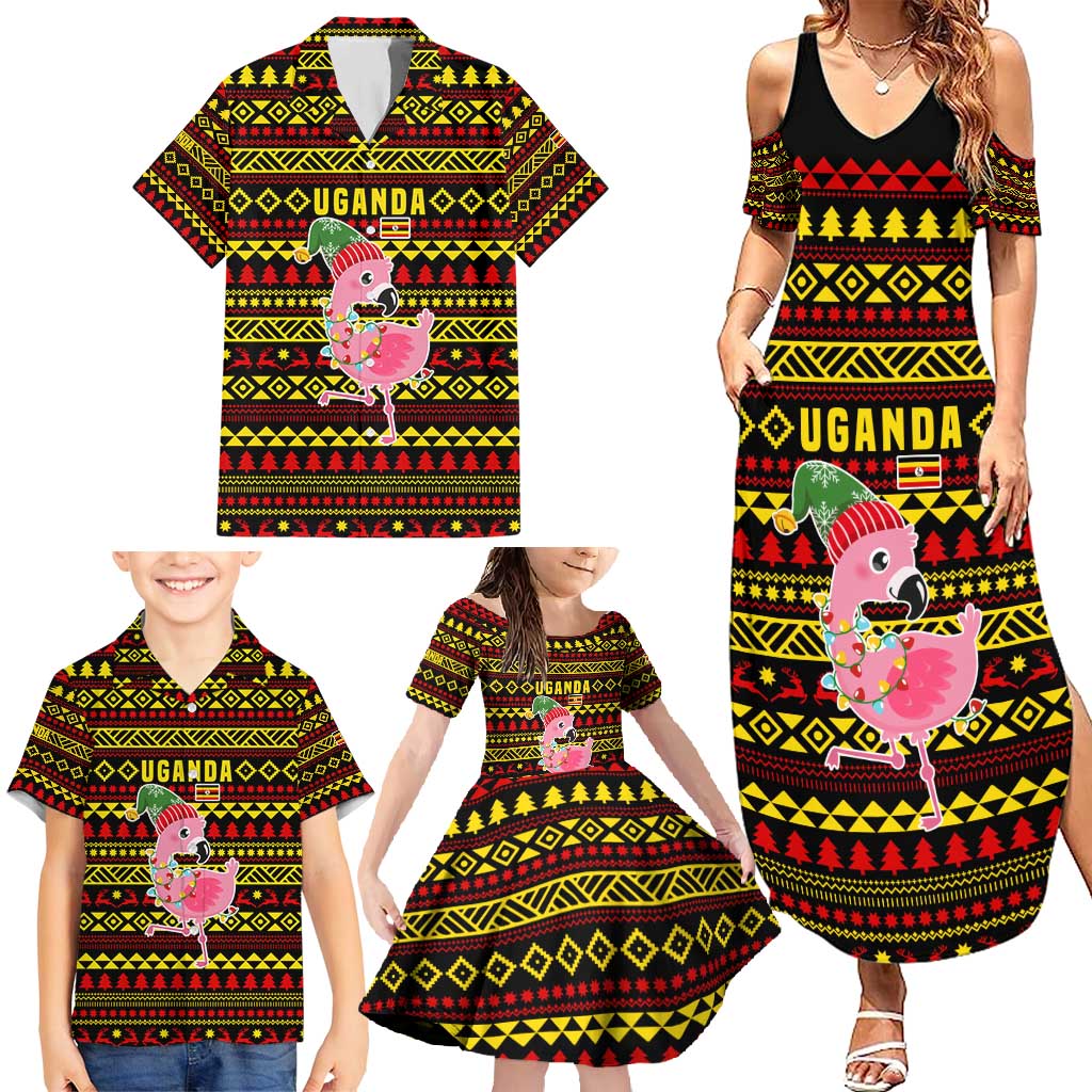 Uganda Christmas Family Matching Summer Maxi Dress and Hawaiian Shirt with Flamingo Lights Uganda Flag and Black Red Yellow Tribal Pattern Design - Wonder Print Shop