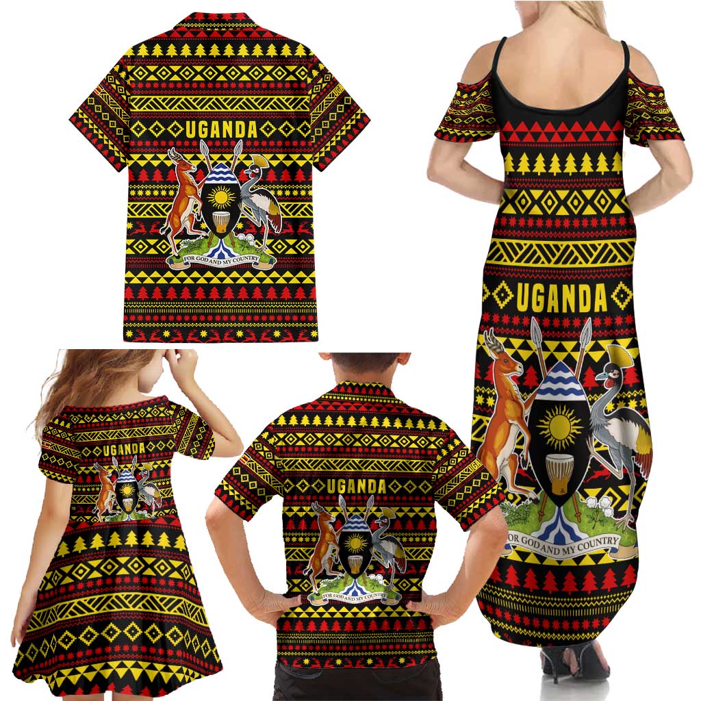Uganda Christmas Family Matching Summer Maxi Dress and Hawaiian Shirt with Flamingo Lights Uganda Flag and Black Red Yellow Tribal Pattern Design - Wonder Print Shop