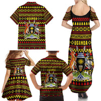 Uganda Christmas Family Matching Summer Maxi Dress and Hawaiian Shirt with Flamingo Lights Uganda Flag and Black Red Yellow Tribal Pattern Design - Wonder Print Shop