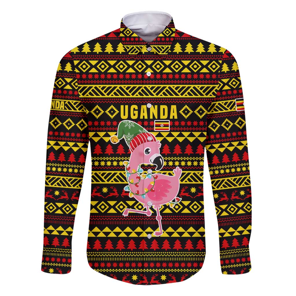 Uganda Christmas Family Matching Summer Maxi Dress and Hawaiian Shirt with Flamingo Lights Uganda Flag and Black Red Yellow Tribal Pattern Design - Wonder Print Shop
