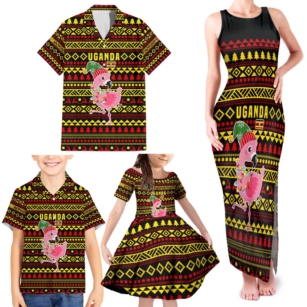 Uganda Christmas Family Matching Tank Maxi Dress and Hawaiian Shirt with Flamingo Lights Uganda Flag and Black Red Yellow Tribal Pattern Design - Wonder Print Shop