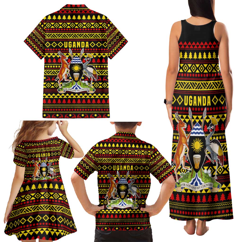 Uganda Christmas Family Matching Tank Maxi Dress and Hawaiian Shirt with Flamingo Lights Uganda Flag and Black Red Yellow Tribal Pattern Design - Wonder Print Shop