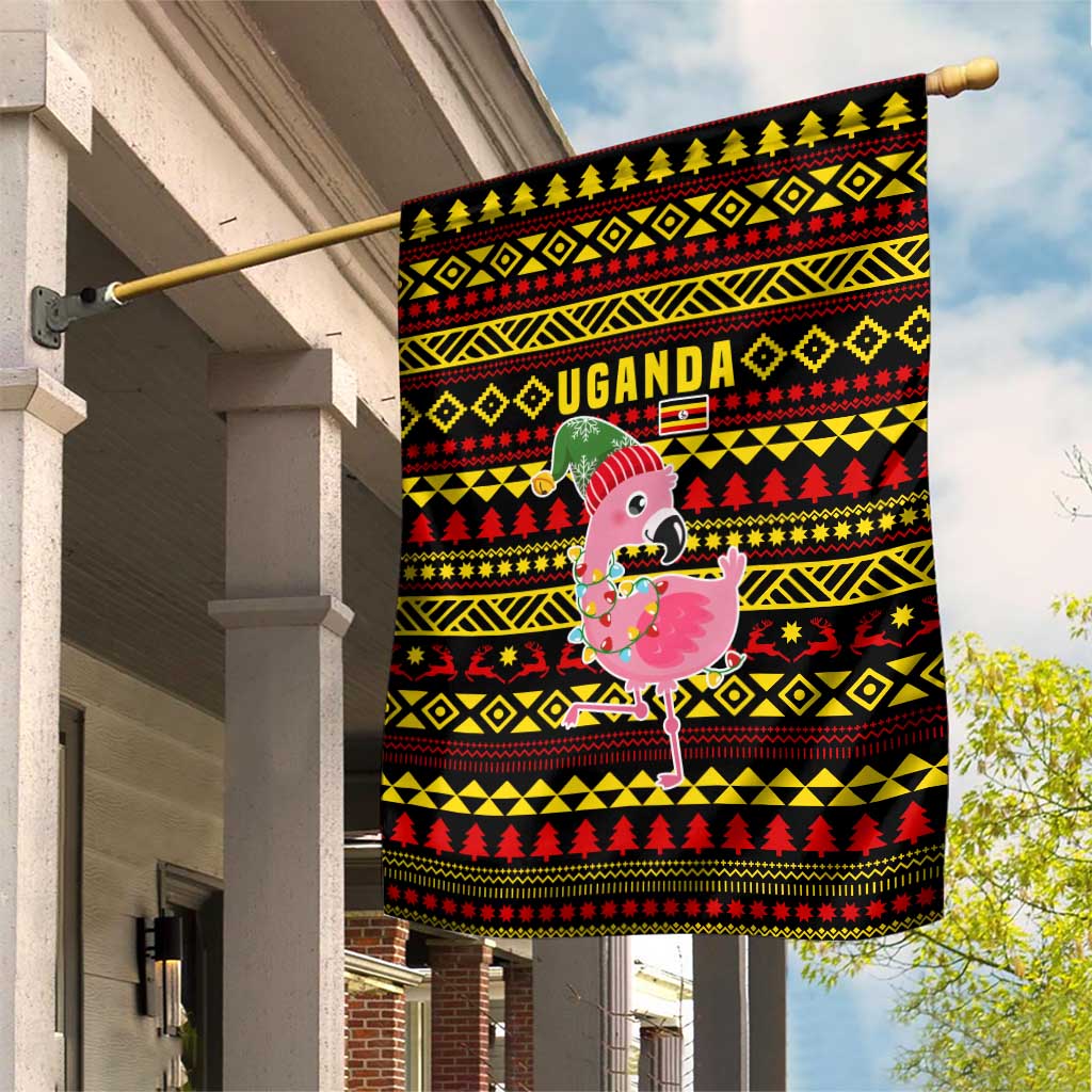 Uganda Christmas Garden Flag with Flamingo Lights Uganda Flag and Black Red Yellow Tribal Pattern Design - Wonder Print Shop