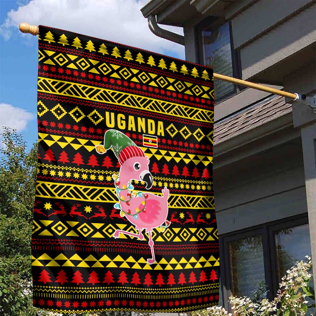 Uganda Christmas Garden Flag with Flamingo Lights Uganda Flag and Black Red Yellow Tribal Pattern Design - Wonder Print Shop