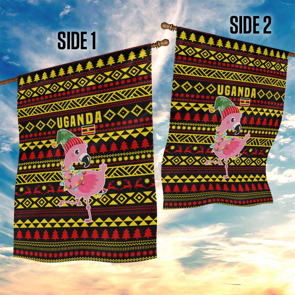 Uganda Christmas Garden Flag with Flamingo Lights Uganda Flag and Black Red Yellow Tribal Pattern Design - Wonder Print Shop