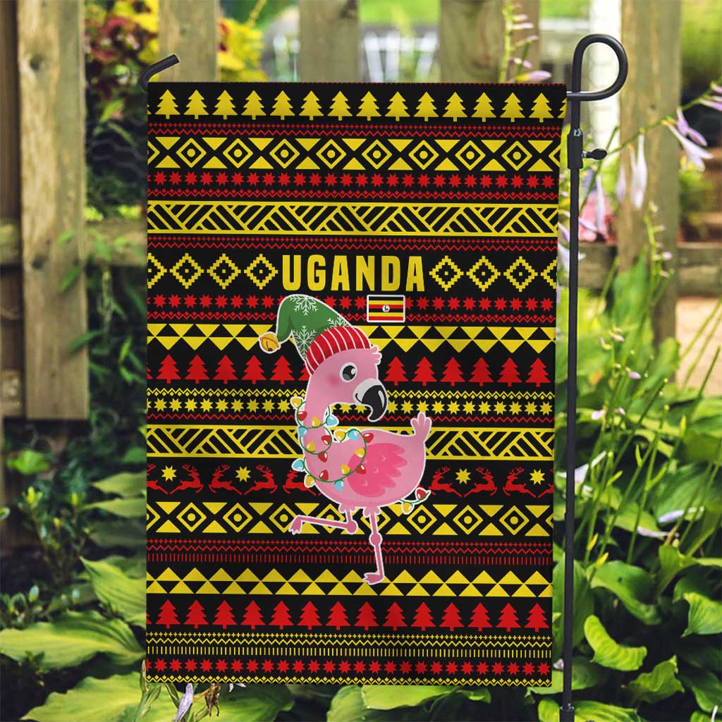 Uganda Christmas Garden Flag with Flamingo Lights Uganda Flag and Black Red Yellow Tribal Pattern Design - Wonder Print Shop
