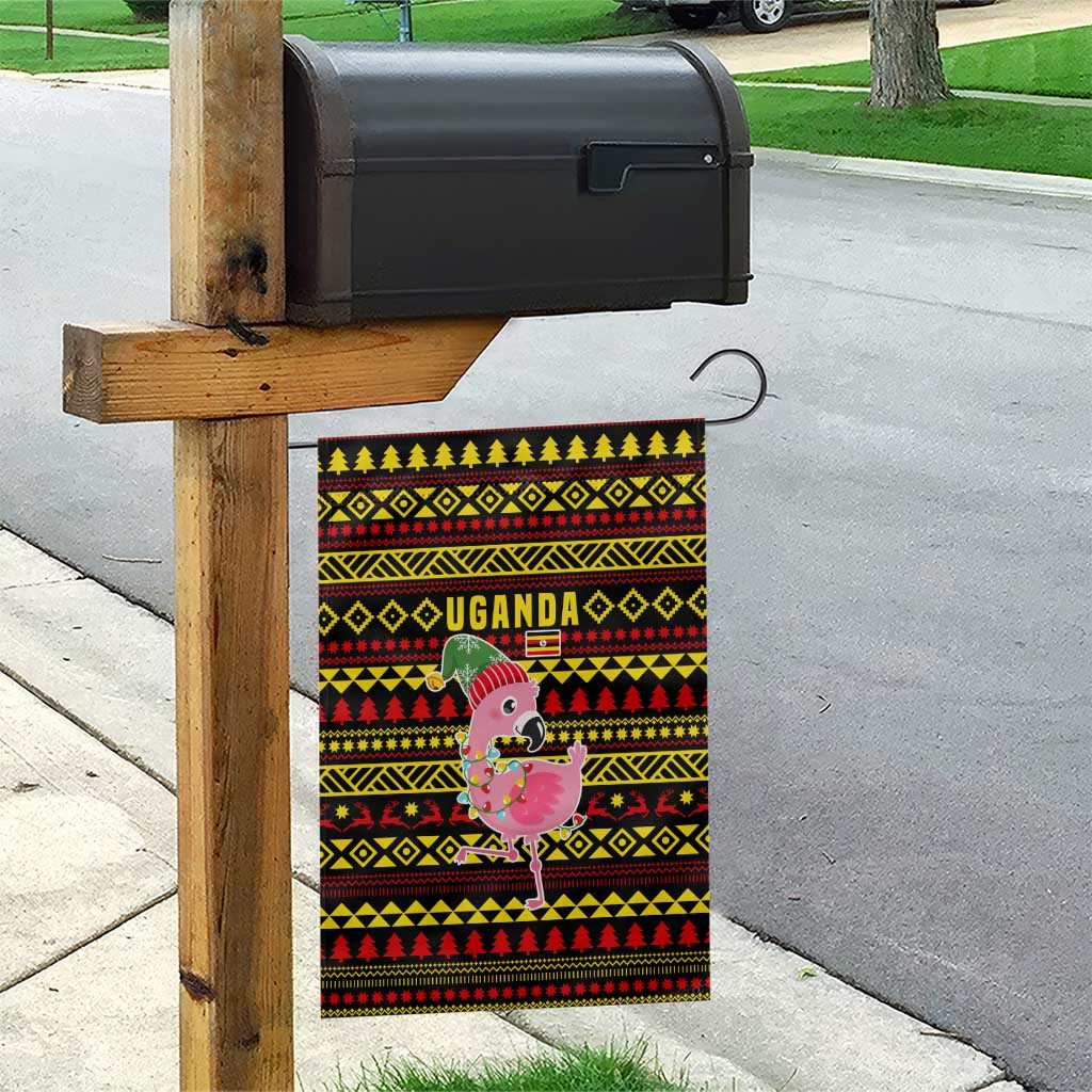 Uganda Christmas Garden Flag with Flamingo Lights Uganda Flag and Black Red Yellow Tribal Pattern Design - Wonder Print Shop