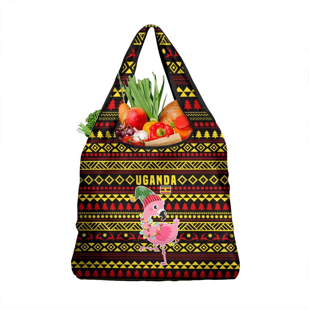 Uganda Christmas Grocery Bag with Flamingo Lights Uganda Flag and Black Red Yellow Tribal Pattern Design - Wonder Print Shop