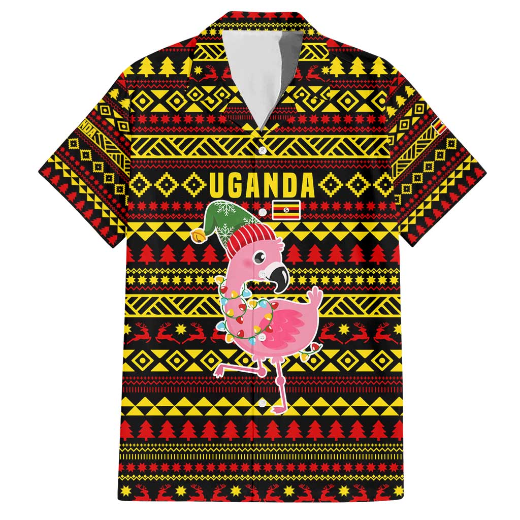 Uganda Christmas Hawaiian Shirt with Flamingo Lights Uganda Flag and Black Red Yellow Tribal Pattern Design - Wonder Print Shop