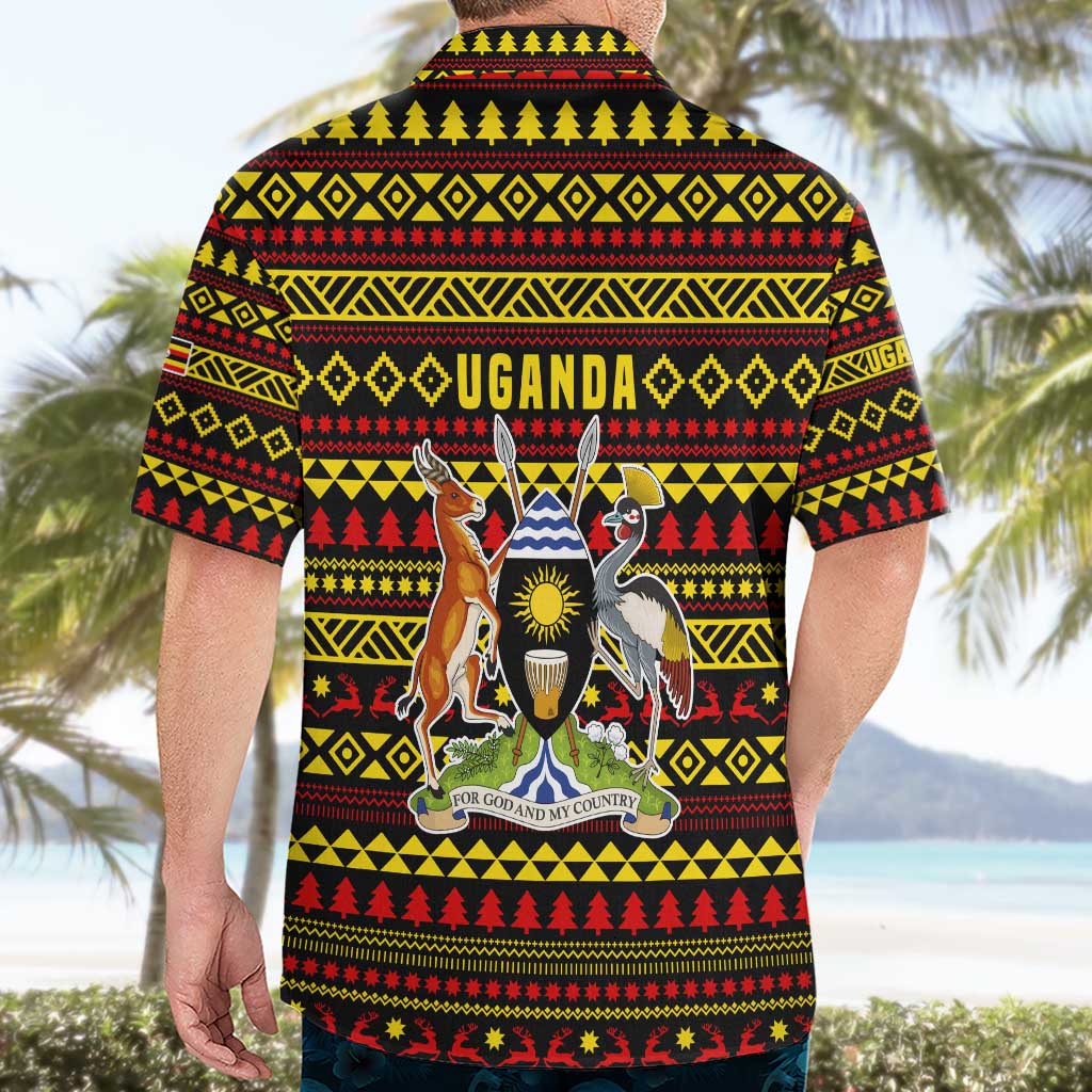 Uganda Christmas Hawaiian Shirt with Flamingo Lights Uganda Flag and Black Red Yellow Tribal Pattern Design - Wonder Print Shop