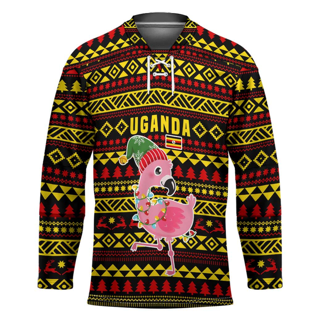 Uganda Christmas Hockey Jersey with Flamingo Lights Uganda Flag and Black Red Yellow Tribal Pattern Design - Wonder Print Shop