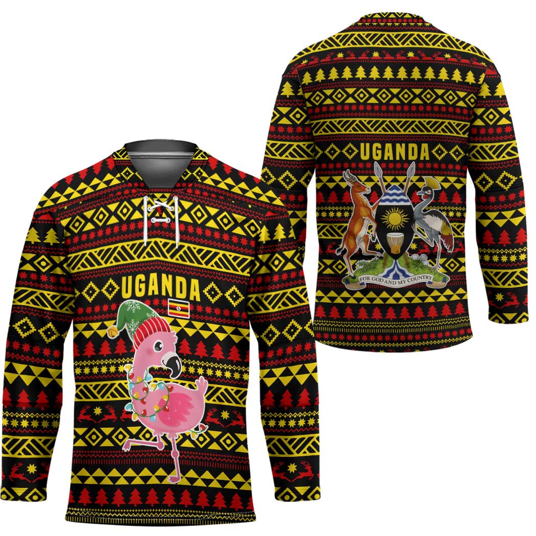 Uganda Christmas Hockey Jersey with Flamingo Lights Uganda Flag and Black Red Yellow Tribal Pattern Design - Wonder Print Shop