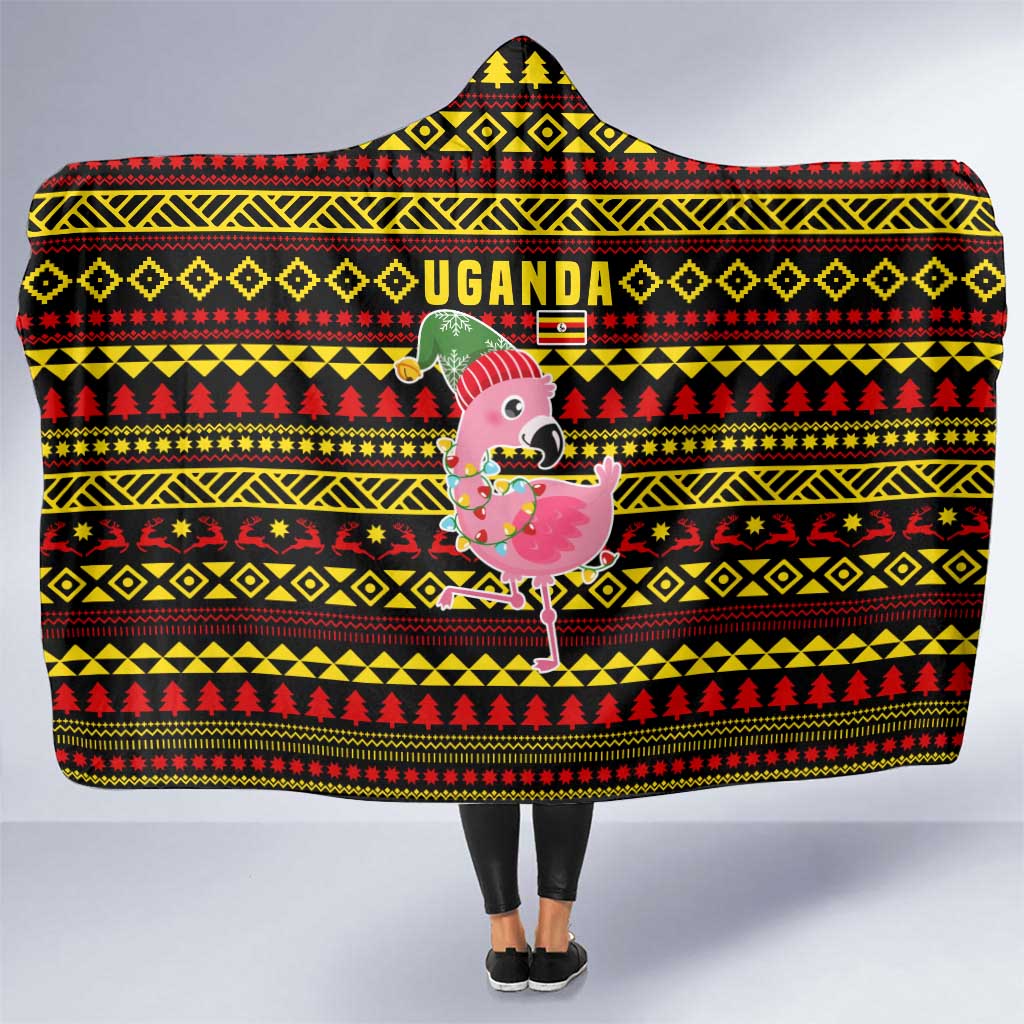 Uganda Christmas Hooded Blanket with Flamingo Lights Uganda Flag and Black Red Yellow Tribal Pattern Design - Wonder Print Shop